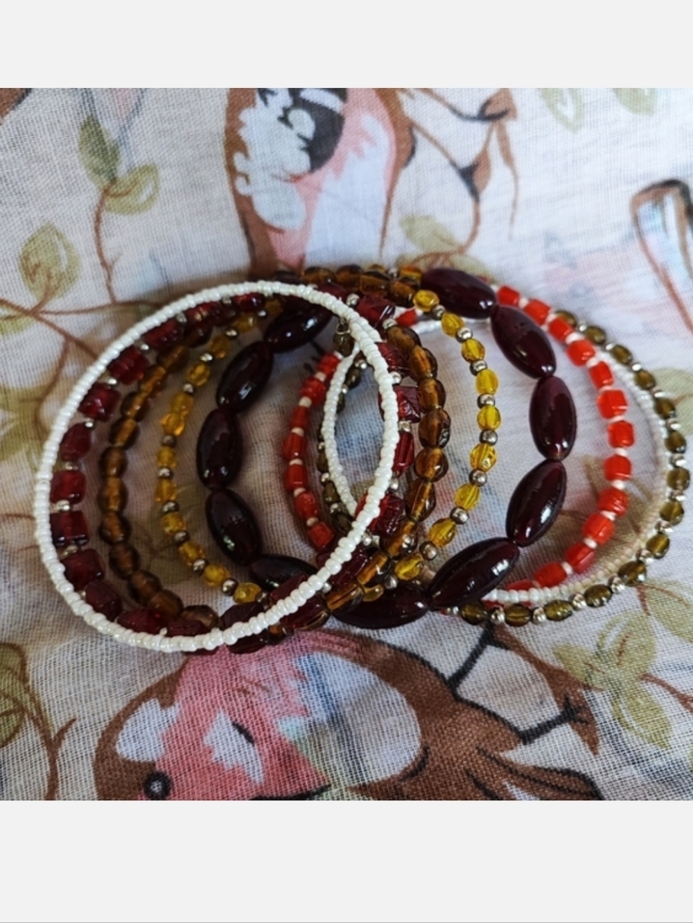 Oversized White Seed Bead Topaz Garnet Color Orange Beaded Memory Wire Bracelet